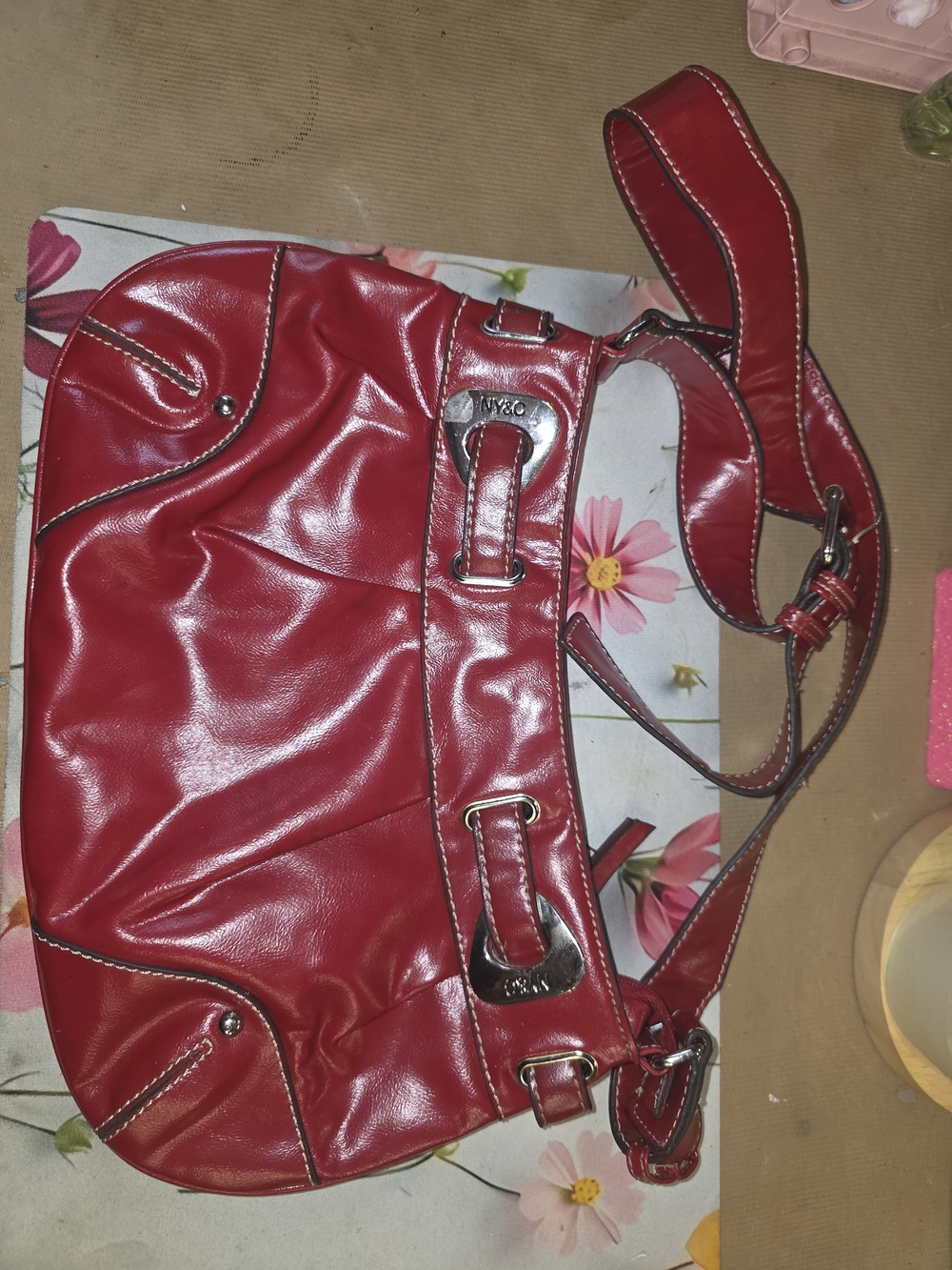 New York & Company Red Leather Shoulder Bag with Polished Hardware
